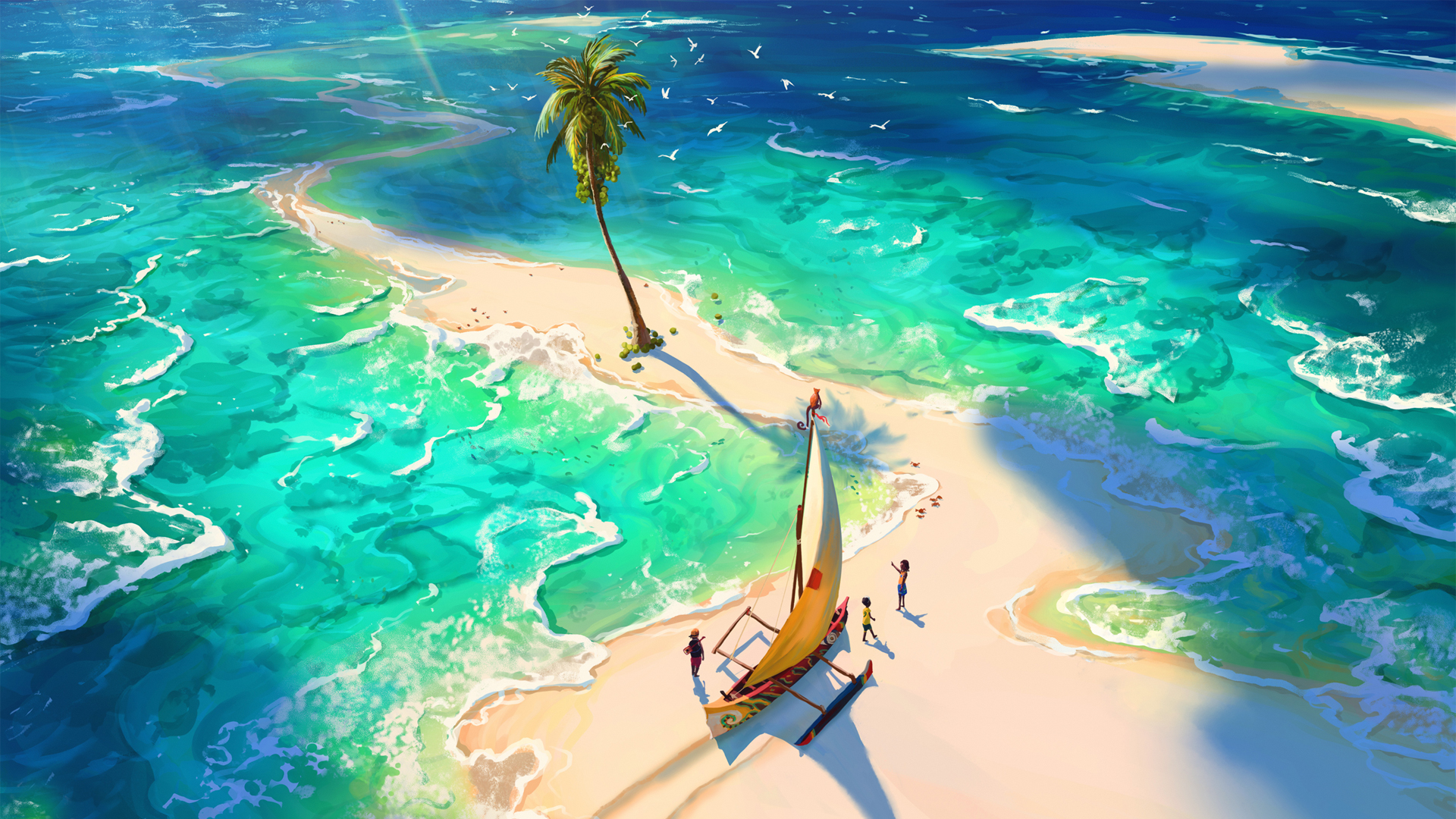 图片[1]-大海 棕榈树 海滩沙滩 帆船 岛 插图风景 动漫壁纸-阿里文案馆