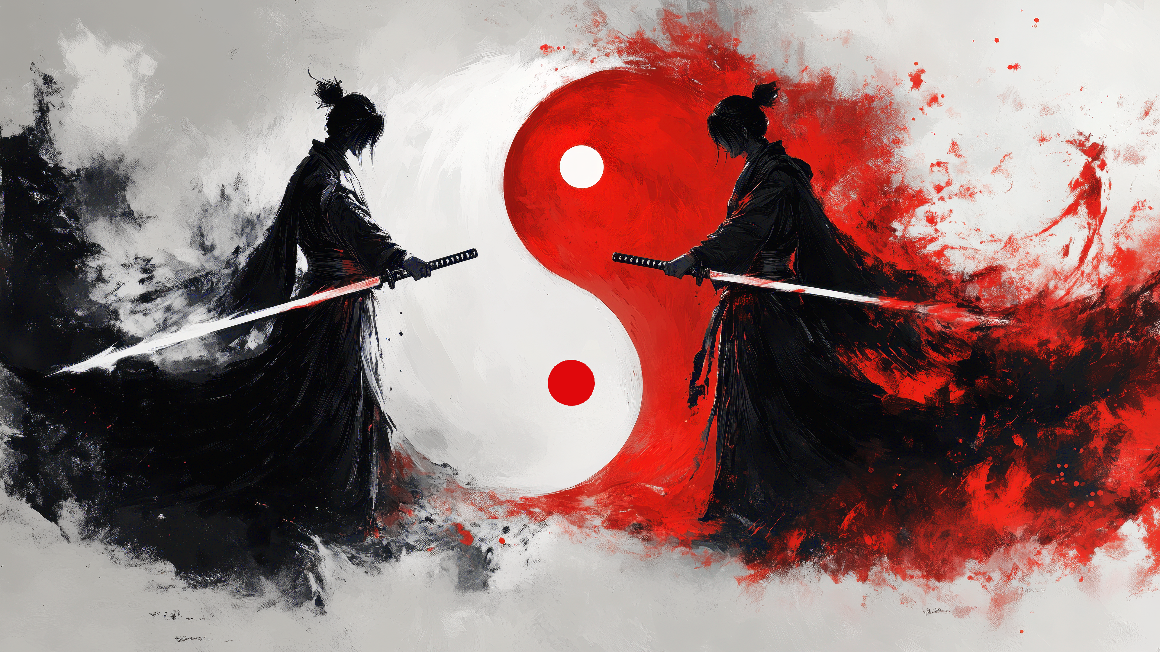 AI艺术风格武士壁纸 – 两位持剑武士侧视阴阳之道 | 3840×2160高清壁纸 - 阿里文案馆