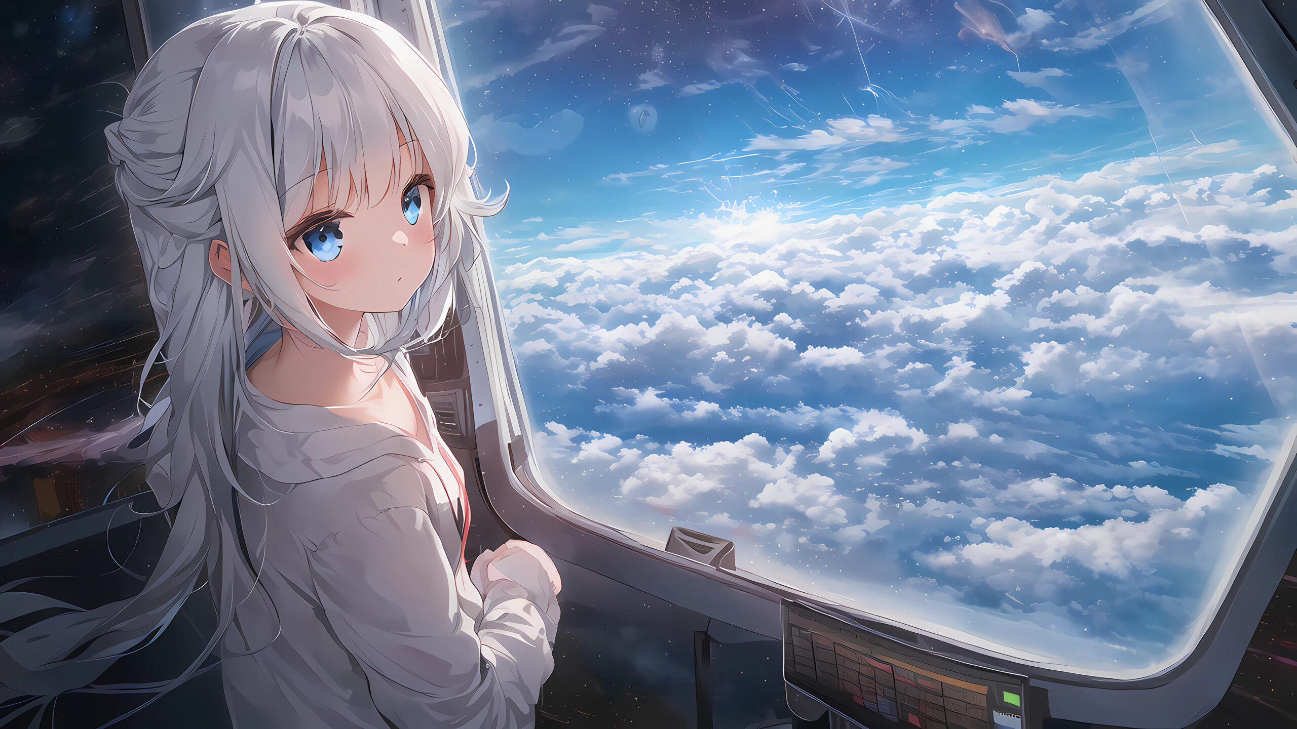 星空少女白云窗口4K动漫壁纸｜3840×2160唯美画面 - 阿里文案馆