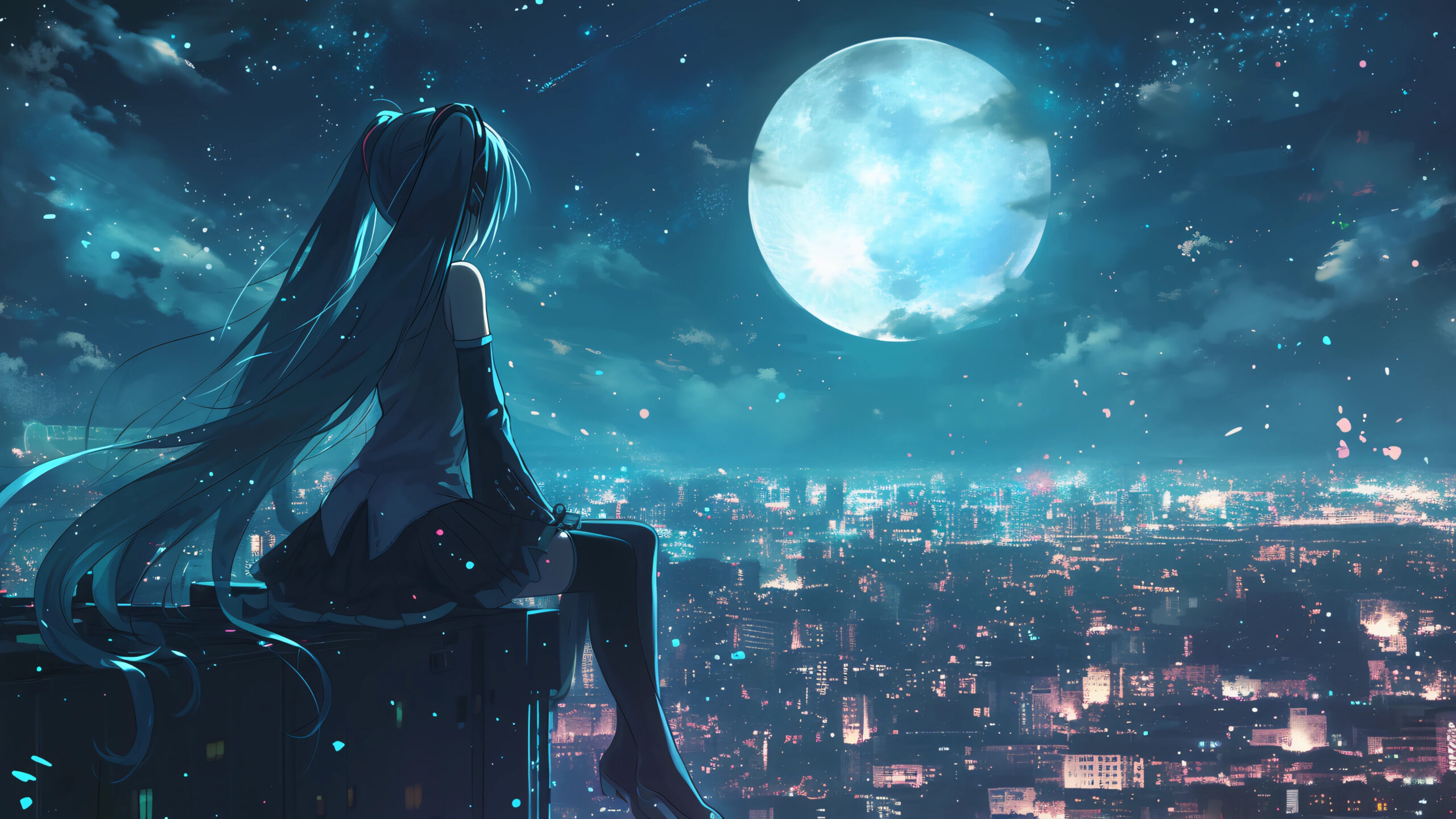 初音未来赏月星空4K壁纸3840×2160 – 唯美二次元月夜壁纸下载 - 阿里文案馆