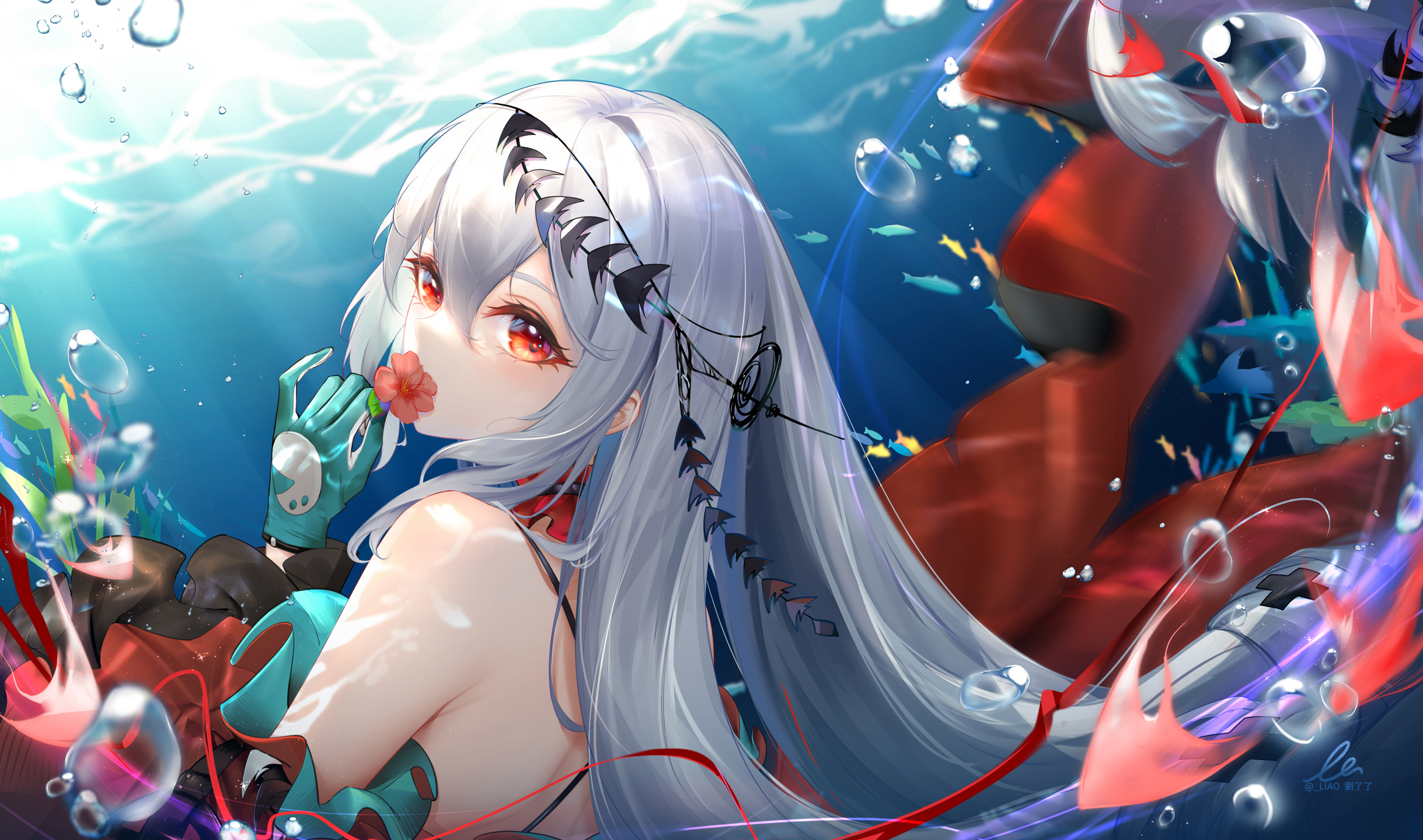 Skadi与Weedy（Arknights）水下白发红眼动漫壁纸2438×1440 | 动漫女孩与深海魅力 - 阿里文案馆