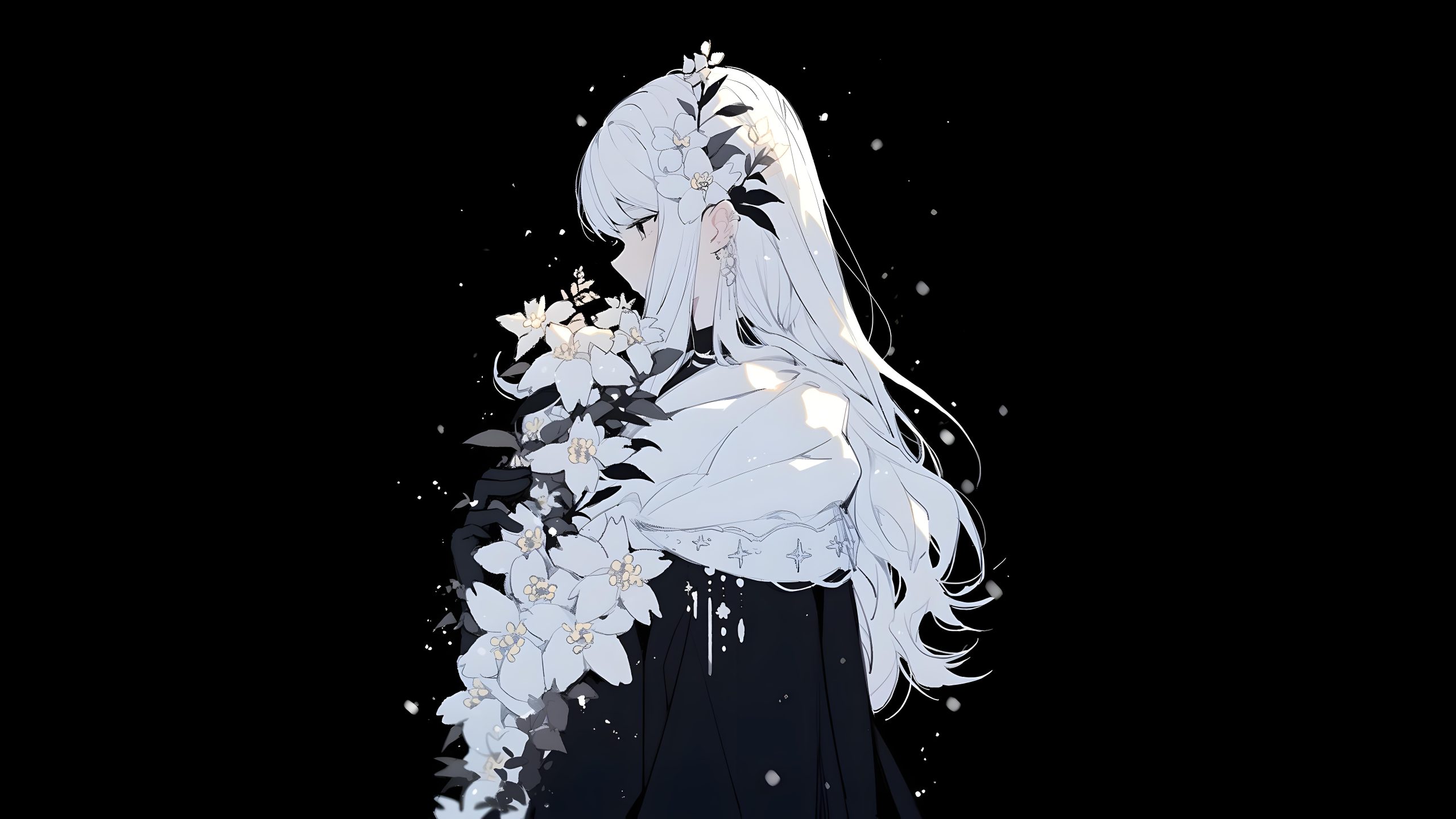 白发长发动漫少女4K壁纸 | 黑色背景唯美花瓣意境 - 阿里文案馆