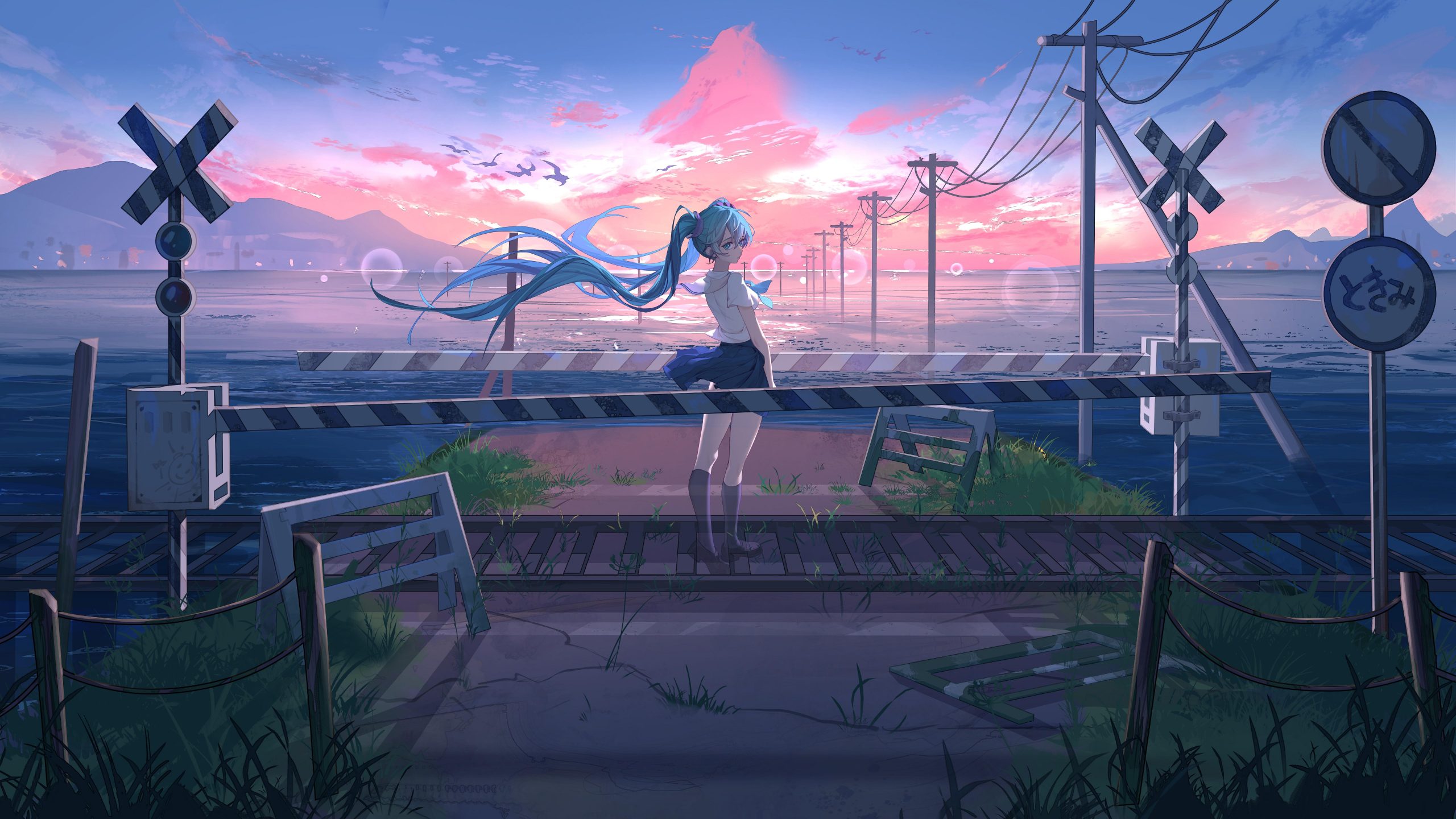 初音未来蓝发长发夕阳水面4K壁纸7680×4320 | Vocaloid与唯美动漫 - 阿里文案馆