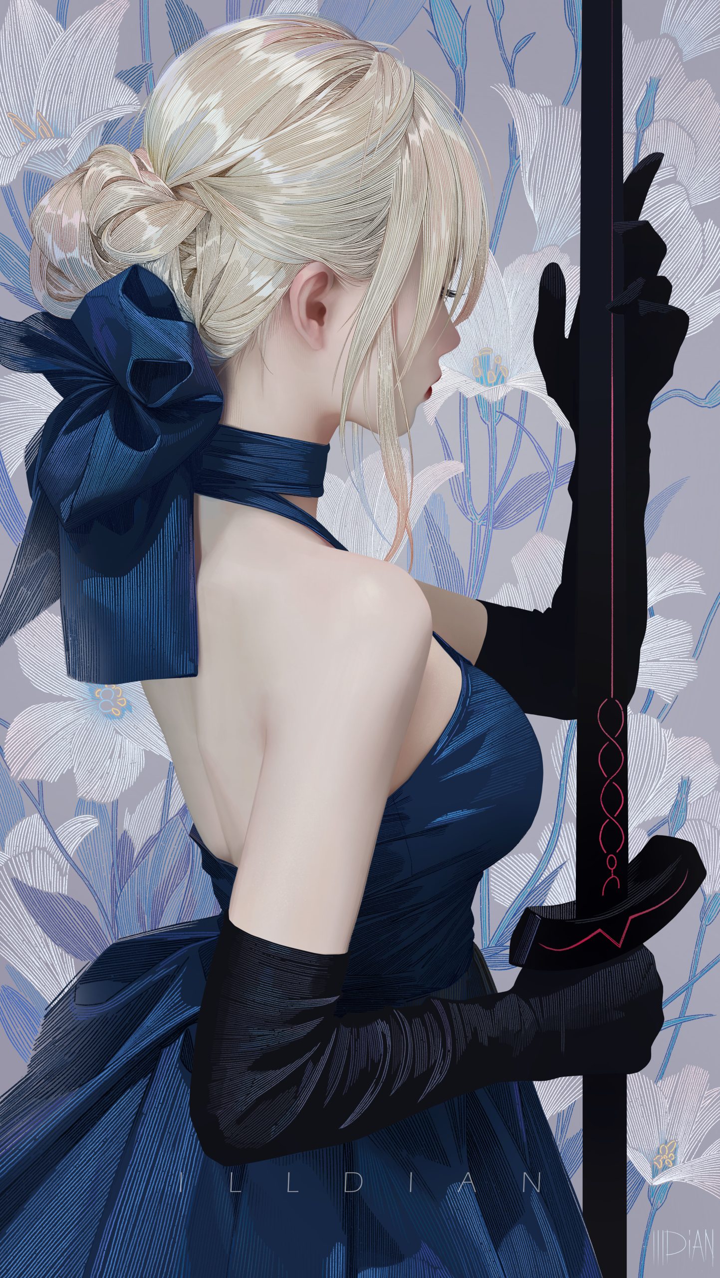 Artoria Pendragon高清竖屏壁纸 | 金发蓝裙持剑Fate系列美女插画3996×7087 - 阿里文案馆
